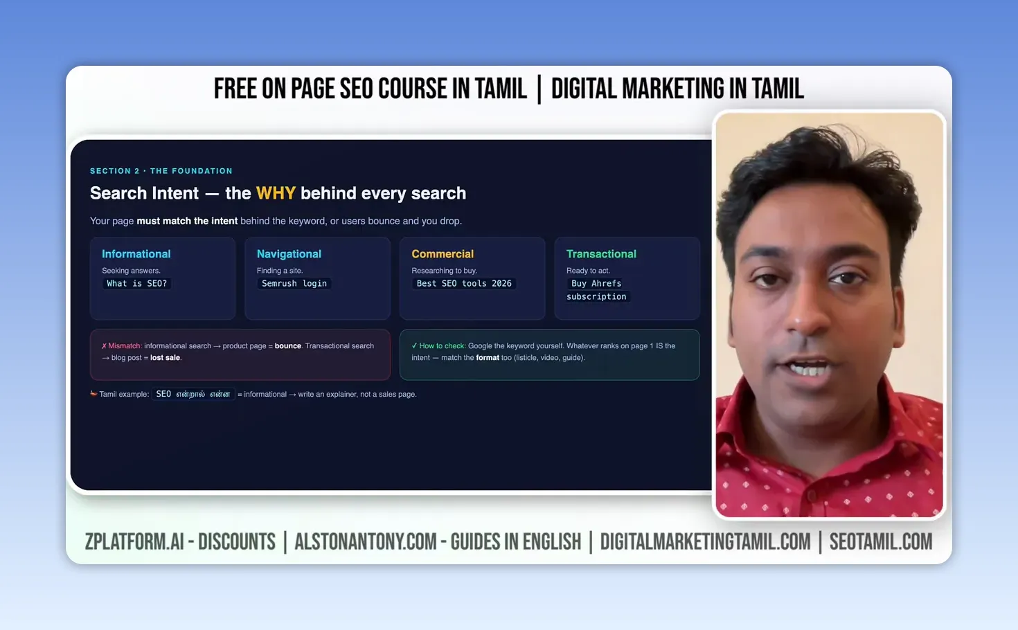 Search intent types in Tamil — informational, navigational, commercial, transactional on-page SEO